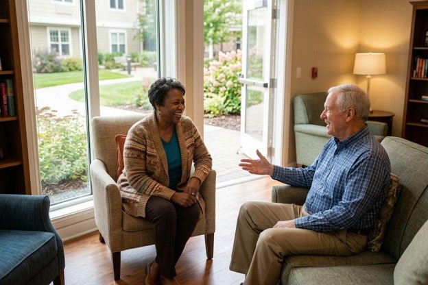 Two older adults laughing and conversing in a bright, cozy senior living lounge with large windows overlooking a garden.