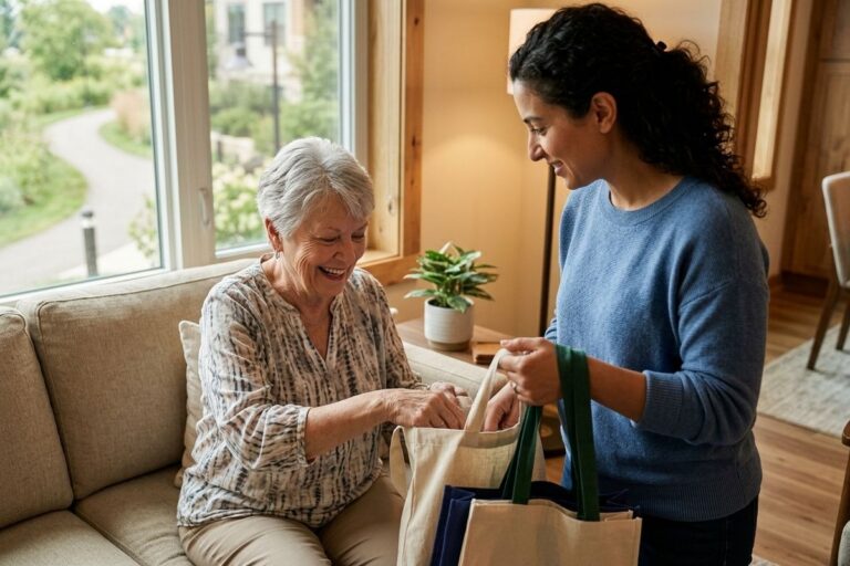 An adult holds reusable shopping bags while a smiling older adult seated on a living room couch reaches into one of the bags.