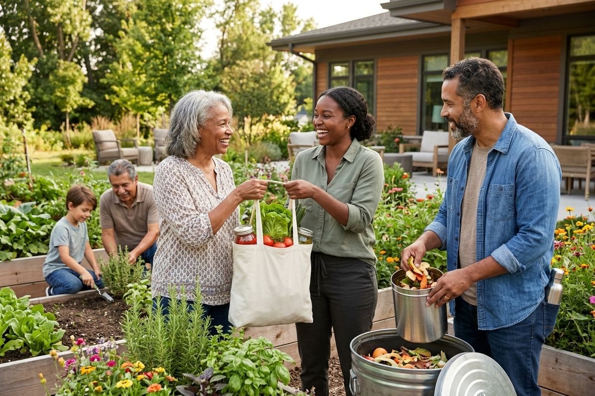 An older adult and family members tend a raised garden bed while another pair holds a reusable tote filled with vegetables.