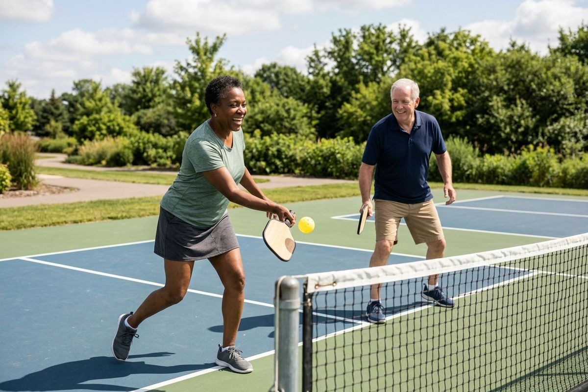 A pair of smiling adults playing pickleball on an outdoor court. The person in the foreground hits a yellow ball with a paddle near the net.