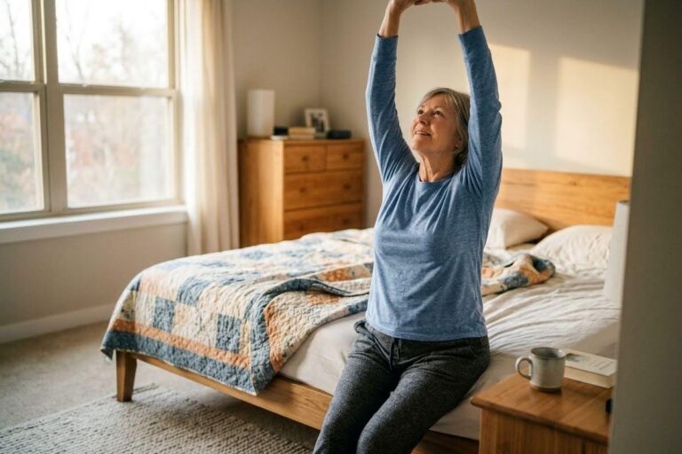 An older adult sits on the edge of a bed in a bedroom, looking up and stretching both arms straight overhead.